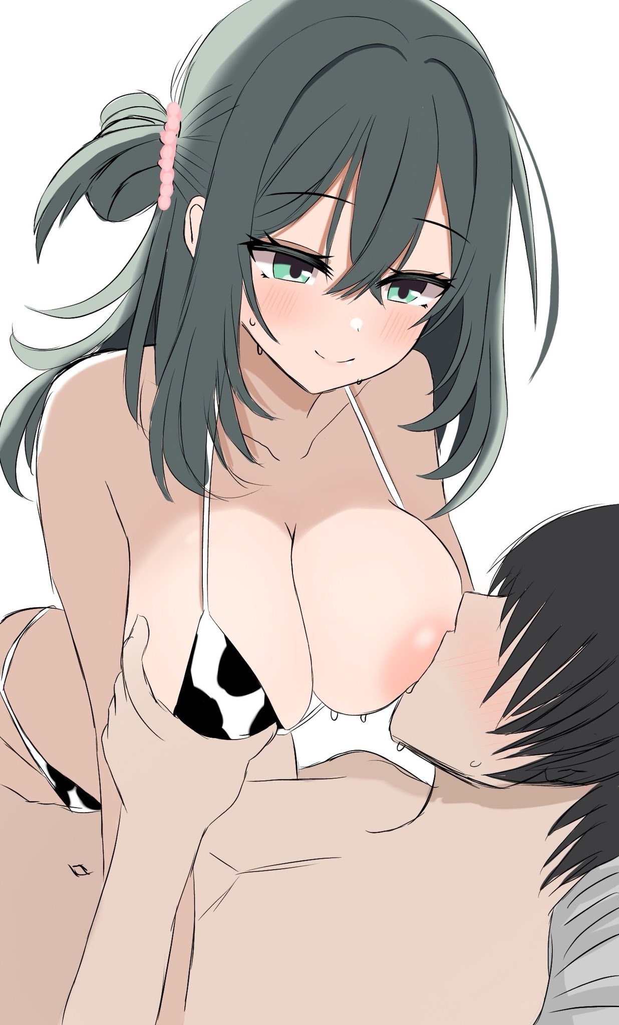 chinoha usagi, arihara satoru, shikibe mayu, riddle joker, commentary, highres, 1boy, 1girl, alternate costume, animal print, aqua eyes, aqua hair, areola slip, backlighting, bare shoulders, bikini, black hair, blush, breast sucking, breasts, cleavage, closed mouth, collarbone, cow print, cow print bikini, cowboy shot, crossed bangs, eyelashes, faceless, faceless male, girl on top, grabbing another's breast, groping, hair between eyes, hair over eyes, halterneck, happy sex, hetero, large breasts, leaning forward, long hair, looking at another, lying, navel, on back, one breast out, one side up, print bikini, short hair, sidelocks, simple background, sketch, smile, split mouth, sweatdrop, swimsuit, tsurime, upper body, white background
