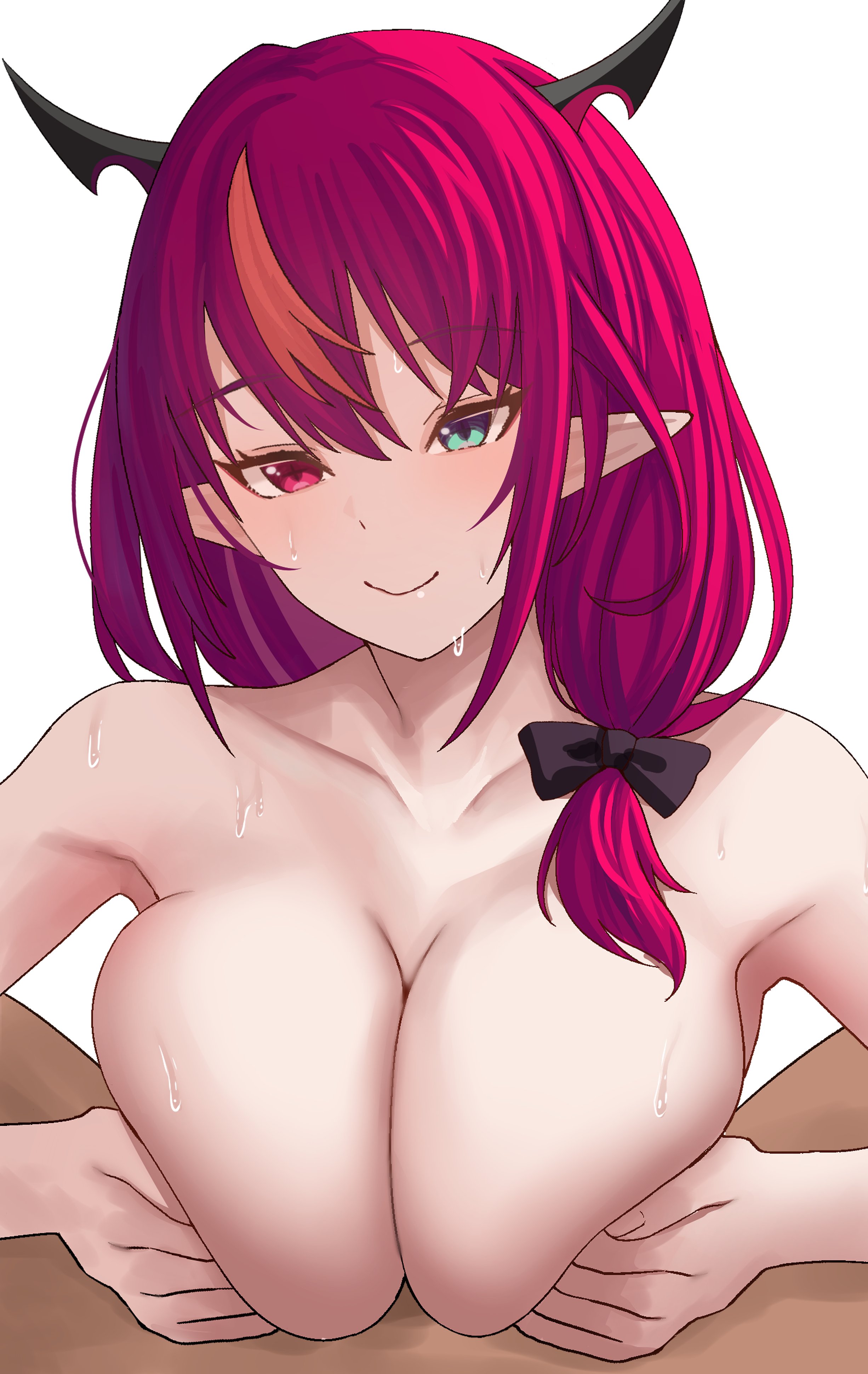si farid, irys (hololive), hololive, hololive english, absurdres, highres, + +, 1boy, 1girl, black bow, black horns, blue eyes, blush, bow, breasts, breasts squeezed together, cleavage, closed mouth, collarbone, completely nude, hair bow, heterochromia, horns, huge breasts, long hair, multicolored hair, nude, paizuri, pink eyes, pink hair, pointy ears, red hair, simple background, smile, solo focus, streaked hair, sweat, teeth, two-tone hair, virtual youtuber, white background