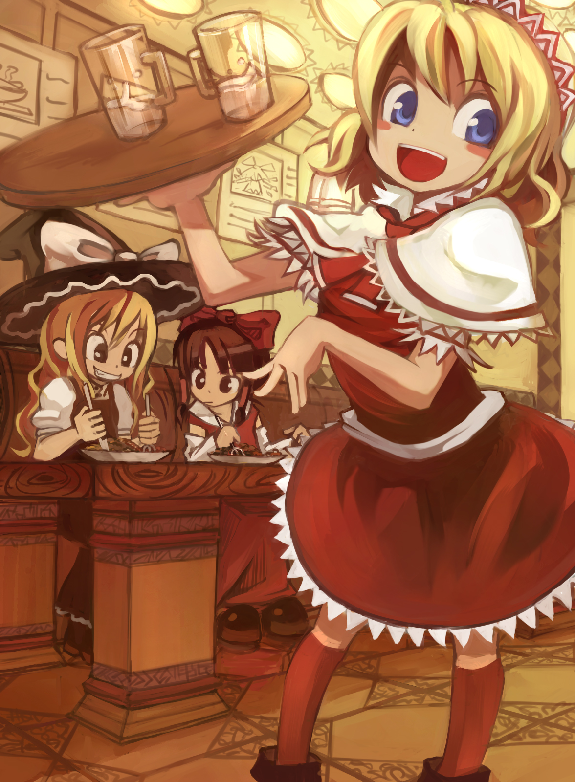 yume rukimi, alice margatroid, hakurei reimu, kirisame marisa, touhou, bad id, bad pixiv id, highres, 3girls, alternate color, black hair, blonde hair, blue eyes, blush stickers, eating, female focus, food, grin, hat, multiple girls, player 2, smile, tray, troll face, witch, witch hat