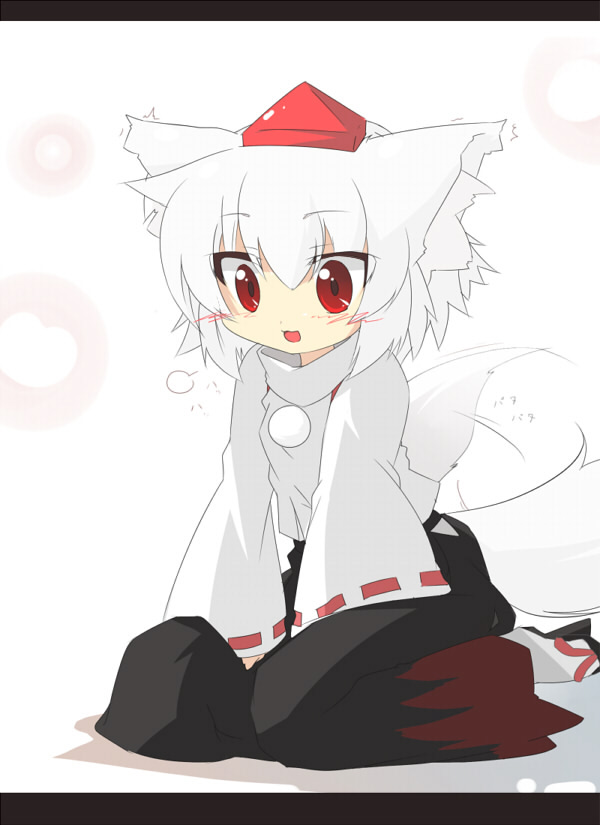 oka (bananashoe), inubashiri momiji, touhou, 1girl, :3, albino, animal ears, blush, chibi, child, dog ears, dog tail, ear wiggle, female focus, hat, letterboxed, open mouth, pom pom (clothes), red eyes, ribbon-trimmed sleeves, ribbon trim, simple background, solo, tail, tail wagging, tokin hat, white hair, wide sleeves, wolf ears, wolf tail