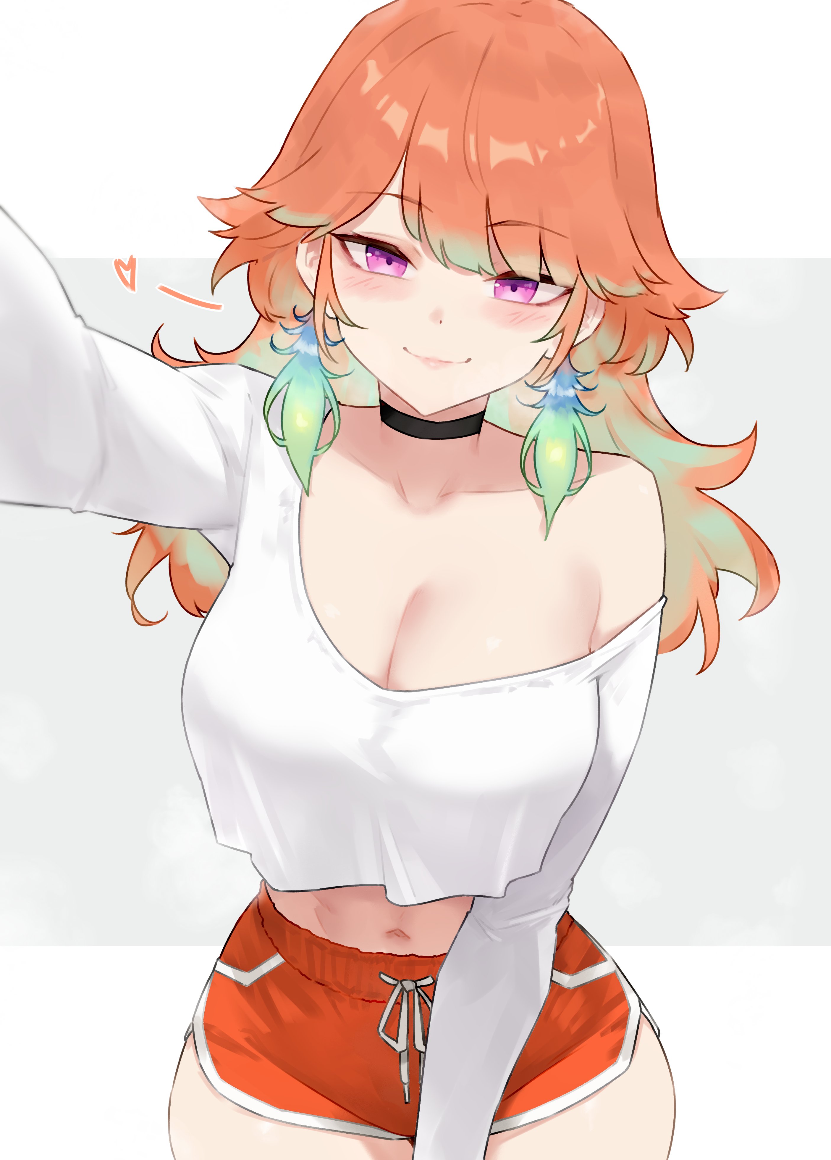 bluefield, takanashi kiara, hololive, hololive english, absurdres, commentary, highres, symbol-only commentary, 1girl, alternate costume, black choker, breasts, choker, cleavage, closed mouth, colored inner hair, cropped shirt, dolphin shorts, feathers, gradient hair, green feathers, green hair, large breasts, long hair, long sleeves, looking at viewer, midriff, multicolored hair, navel, orange hair, orange shorts, outstretched arm, purple eyes, reaching, reaching towards viewer, shirt, short shorts, shorts, simple background, single off shoulder, smile, solo, swept bangs, virtual youtuber, white background, white shirt