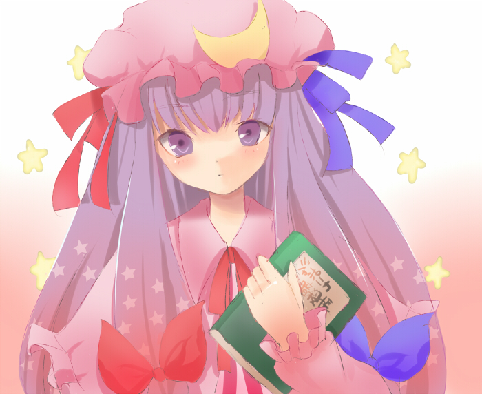 tetsuo (tashirosu), patchouli knowledge, touhou, bad id, bad pixiv id, 1girl, book, crescent, crescent hair ornament, female focus, hair ornament, hair ribbon, hat, moon, purple eyes, purple hair, ribbon, solo, star (symbol)