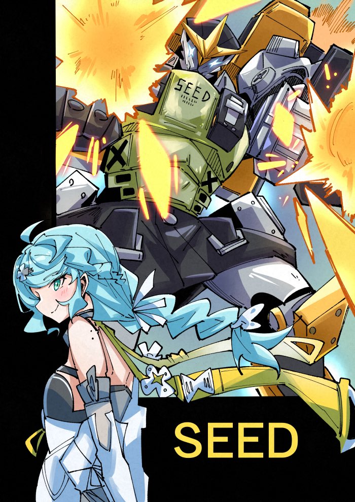 nodachi (nodati51), seed (zenless zone zero), zenless zone zero, 1girl, 1other, ammunition, ammunition pouch, blue eyes, blue hair, cross, explosion, firing, formal clothes, glowing, glowing eyes, hair ornament, hairpin, humanoid robot, mecha, mechanical arms, mechanical legs, missile, mole, mole on shoulder, pouch, robot, see-through dress layer, seed, seed sr., smile, suit, white suit