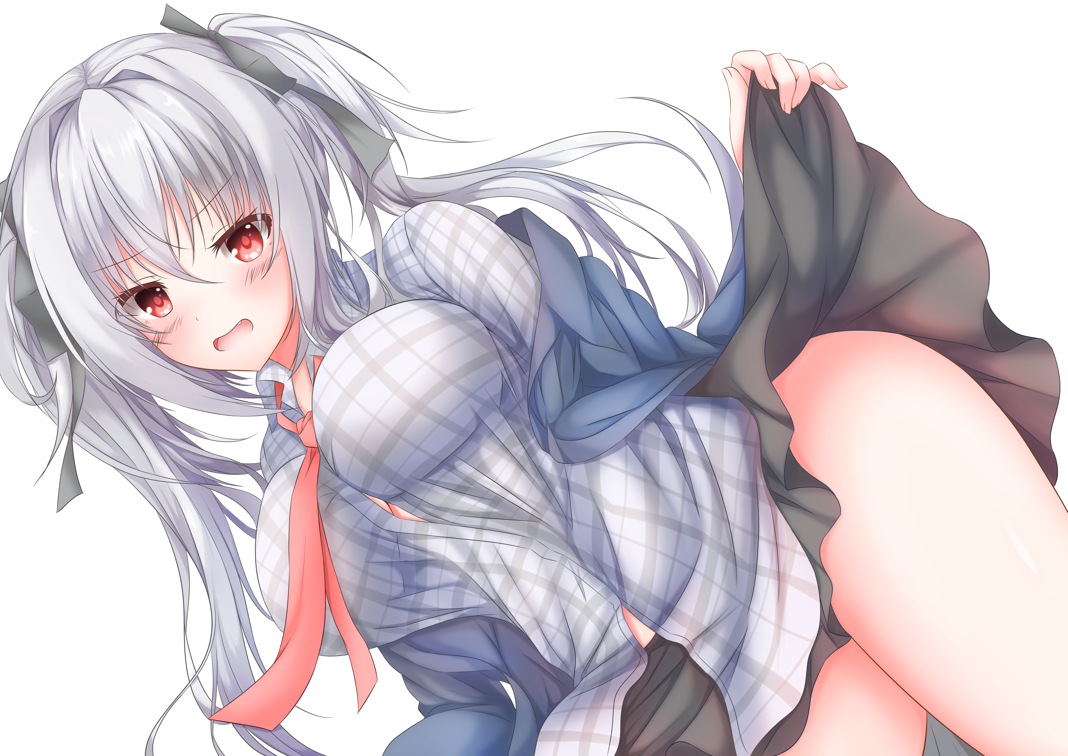 koyo aki (vtvd5277), elena olegovna owen, dracu-riot!, absurdres, commentary, highres, 1girl, :d, black ribbon, black skirt, blush, breasts, clothes lift, collared shirt, cowboy shot, dutch angle, eyes visible through hair, fang, grey hair, grey shirt, hair between eyes, hair ribbon, large breasts, lifting own clothes, long hair, looking at viewer, miniskirt, naughty face, necktie, open mouth, plaid clothes, plaid shirt, red eyes, red necktie, ribbon, shirt, simple background, skirt, skirt lift, smile, solo, thighs, twintails, v-shaped eyebrows, very long hair, white background