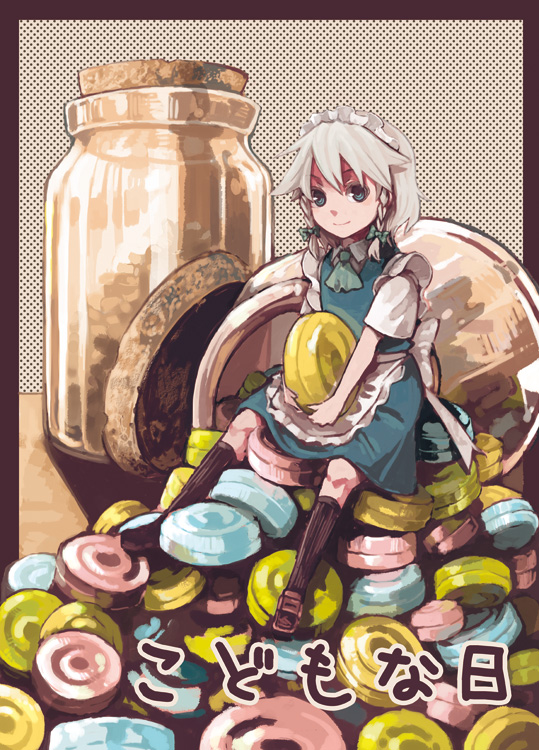 takishima asaka, izayoi sakuya, touhou, silver hair, 1girl, blue eyes, bonnet, braid, candy, dress, female focus, food, jar, maid, solo, twin braids