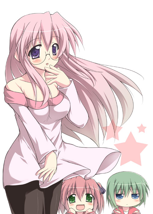 tekehiro, iwasaki minami, kobayakawa yutaka, takara miyuki, lucky star, 00s, 3girls, bare shoulders, glasses, green hair, long hair, multiple girls, pantyhose, pink hair, purple eyes