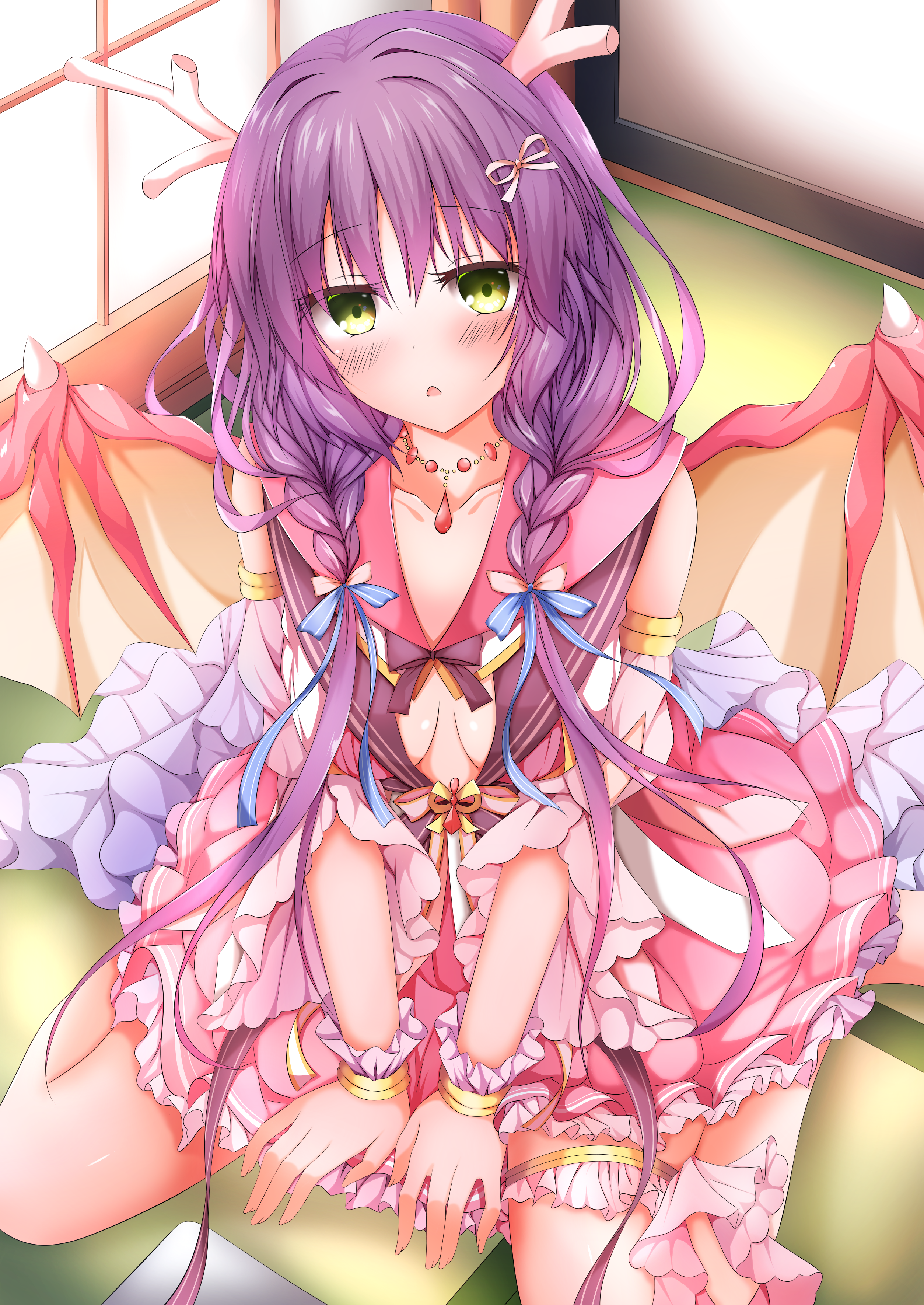 koyo aki (vtvd5277), sango (drapri guu-ta-life), drapri guu-ta-life, absurdres, commentary, highres, 1girl, bare shoulders, between legs, blush, bow, braid, breasts, breasts apart, collarbone, d:, detached sleeves, dragon girl, dragon horns, dragon wings, dress, eyelashes, frilled dress, frilled thigh strap, frilled wrist cuffs, frills, frown, full body, hair bow, hair intakes, hand between legs, horns, indoors, jewelry, long hair, long sleeves, looking at viewer, medium breasts, necklace, no bra, on floor, open mouth, pink bow, pink dress, purple hair, sitting, sleeveless, sleeveless dress, solo, tatami, thigh strap, twin braids, v arms, very long hair, wariza, wide sleeves, wings, wrist cuffs, yellow eyes