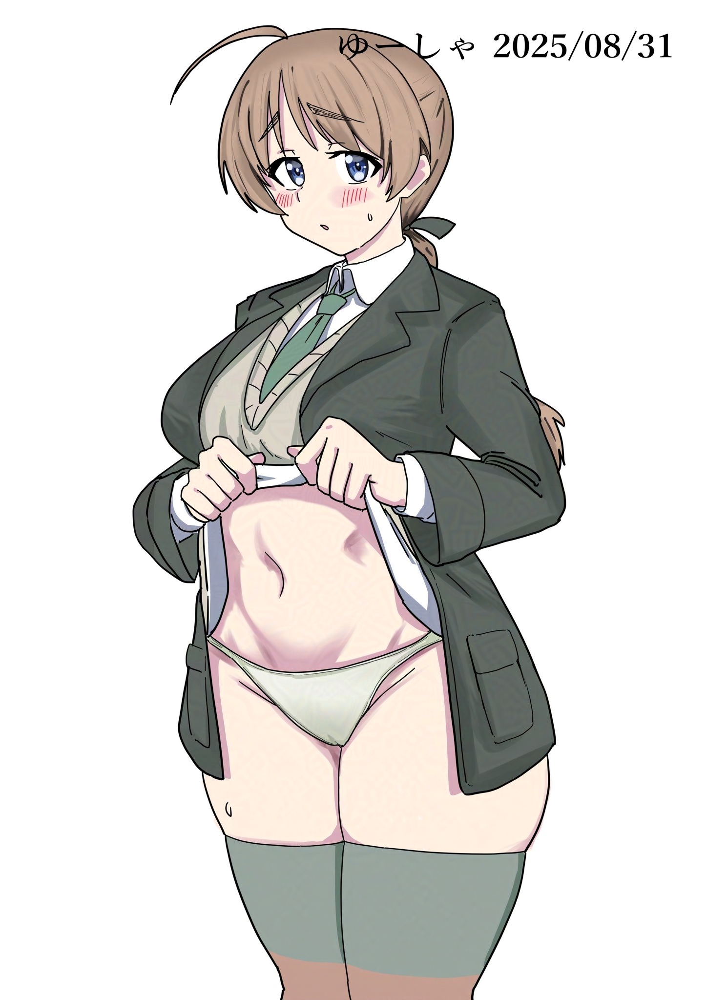 yuusha, lynette bishop, strike witches, world witches series, highres, 1girl, :o, black jacket, blue eyes, blush, braid, embarrassed, feet out of frame, green necktie, jacket, long hair, looking at viewer, military uniform, navel, necktie, no pants, panties, shirt, single braid, solo, standing, stomach, striped clothes, striped thighhighs, sweat, sweater vest, thighhighs, underwear, white background, white panties, white shirt
