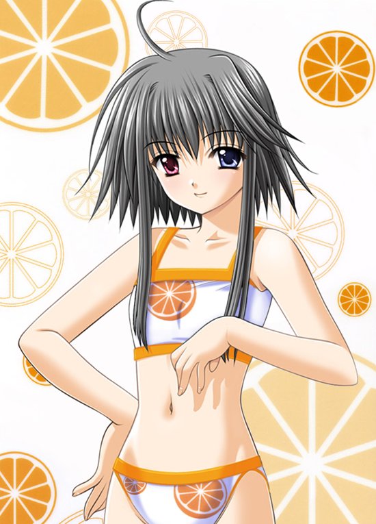 nishimata aoi, mayumi thyme, shuffle!, 00s, 1girl, ahoge, bikini, blue eyes, female focus, flat chest, food, food-themed clothes, fruit, grey hair, hand on own hip, heterochromia, hip focus, orange (fruit), orange theme, pink eyes, short hair, short hair with long locks, smile, solo, swimsuit, tankini, white bikini