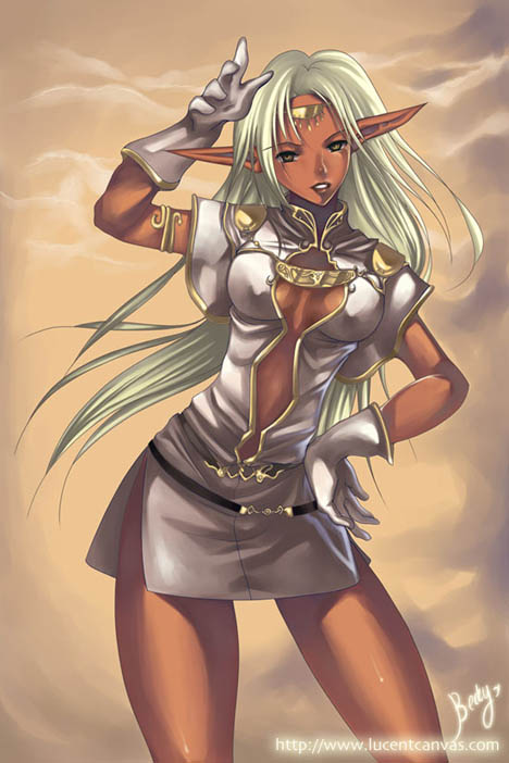 pirotess, record of lodoss war, 1girl, blonde hair, breasts, cleavage, covered erect nipples, dark-skinned female, dark elf, dark skin, elf, female focus, gloves, large breasts, pointy ears, solo, sweat