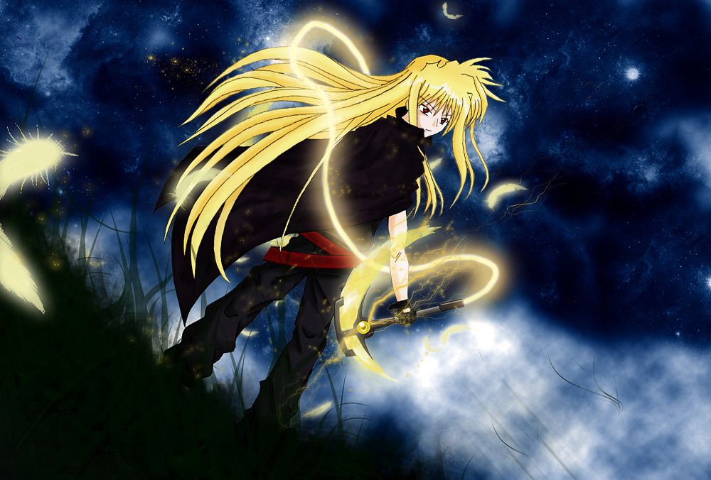 bardiche (nanoha), fate testarossa, lyrical nanoha, mahou shoujo lyrical nanoha, mahou shoujo lyrical nanoha strikers, 00s, 1girl, alternate weapon, blonde hair, female focus, red eyes, solo, weapon