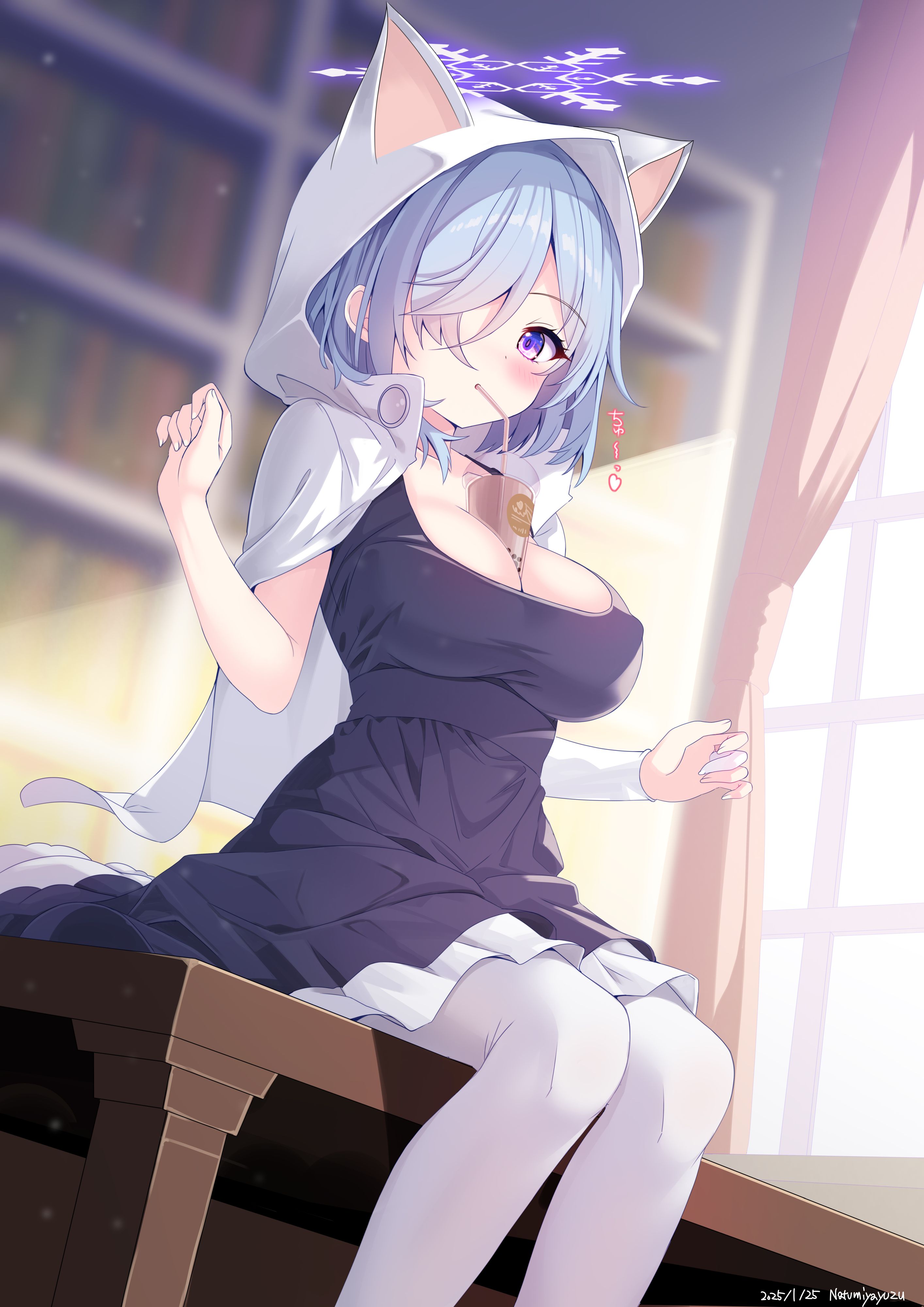 natsumiya yuzu, mementomori (game), absurdres, commission, highres, skeb commission, 1girl, 2025, animal ear headwear, animal ears, aqua hair, black dress, blurry, blurry background, breasts, bubble tea challenge, cleavage, cloak, curtains, dress, drinking straw, drinking straw in mouth, fake animal ears, hair over one eye, hood, hood up, hooded cloak, indoors, lunalynn (mementomori), pantyhose, purple eyes, short hair, sitting, sitting on table, snowflakes, solo, twitter username, white cloak, white pantyhose