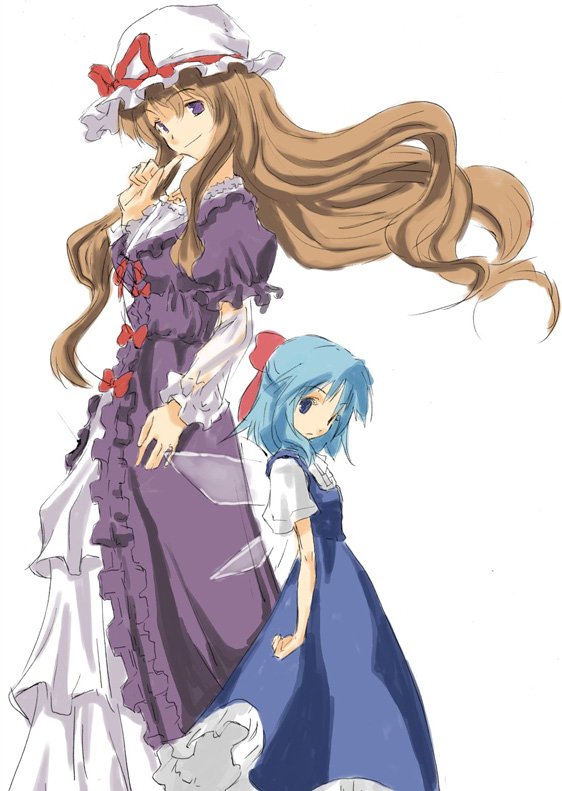 yohane, cirno, yakumo yukari, touhou, 2girls, blonde hair, blue eyes, blue hair, bow, dress, female focus, hair bow, hat, long hair, multiple girls, purple eyes, short hair, size difference, wings