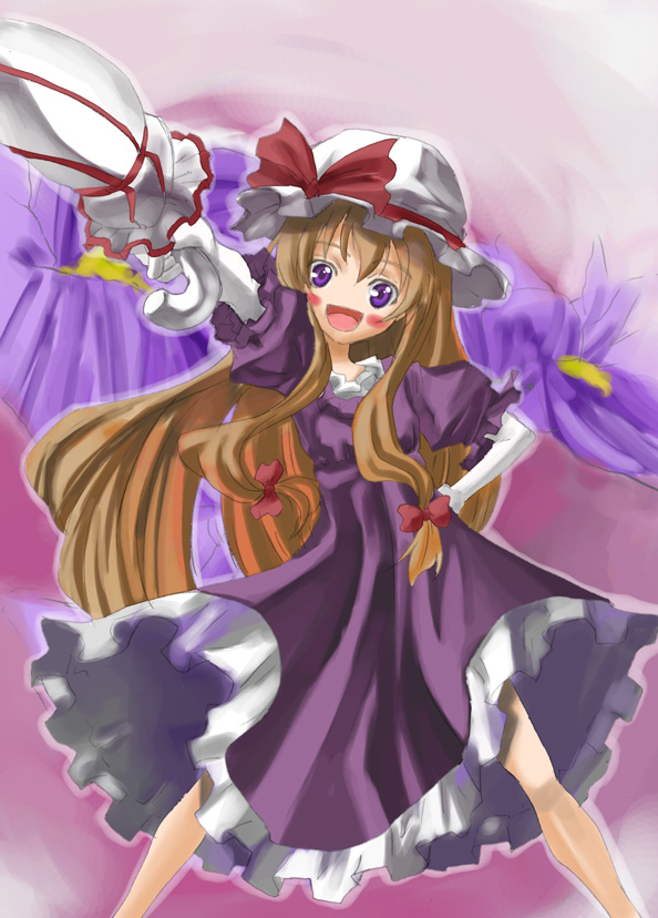 yohane, yakumo yukari, touhou, 1girl, blonde hair, bow, dress, female focus, gradient background, hat, purple eyes, solo, umbrella