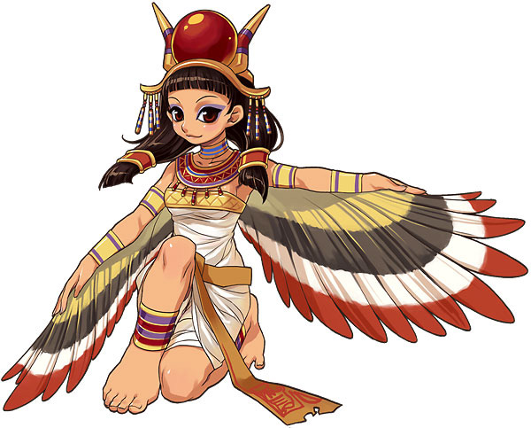 maat, artist request, ancient egyptian, barefoot, black hair, eyeshadow, feet, headdress, jewelry, lots of jewelry, makeup, necklace, solo, wings