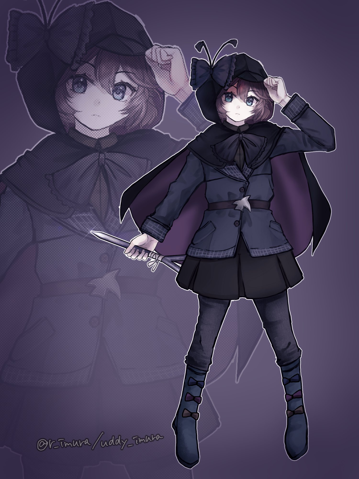 flutterpage, reverse:1999, highres, 1girl, adjusting clothes, adjusting headwear, alternate costume, black boots, black bow, black bowtie, black cape, black jacket, black pants, black skirt, blue eyes, boots, bow, bowtie, brown hair, cape, dagger, full body, hand on headwear, holding, holding dagger, holding knife, holding weapon, hood, hood bow, hood up, hooded cape, imura (r imura), jacket, knife, legs apart, looking at viewer, miniskirt, pants, purple background, short hair, skirt, solo, standing, twitter username, weapon, zoom layer