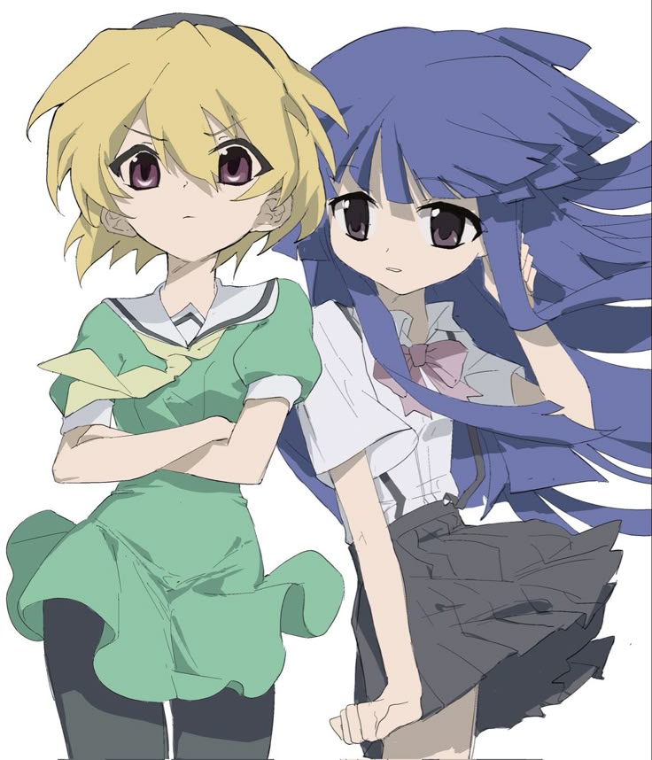 kaiaik (zheliakaina), furude rika, houjou satoko, higurashi no naku koro ni, 2girls, black skirt, blonde hair, blue hair, dress, green dress, looking at viewer, multiple girls, ribbon, skirt