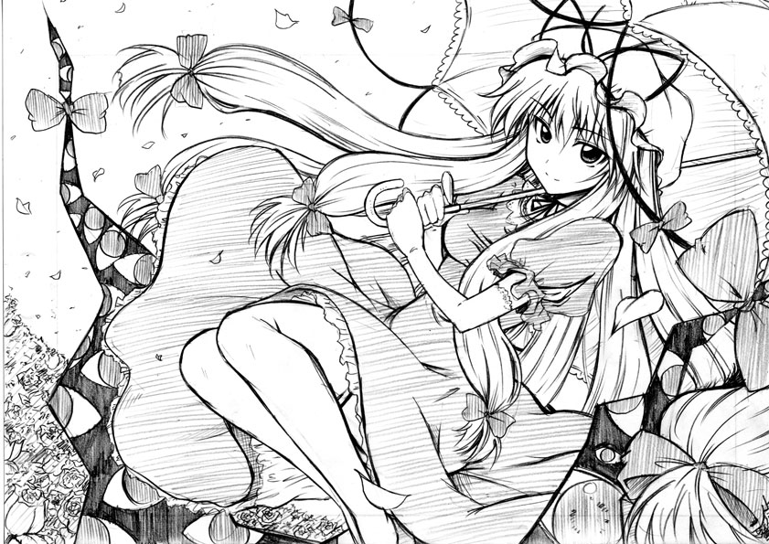 matsugami kurare, yakumo yukari, touhou, 1girl, dress, female focus, gap (touhou), greyscale, hair ribbon, hat, long hair, monochrome, parasol, ribbon, solo, umbrella, white background