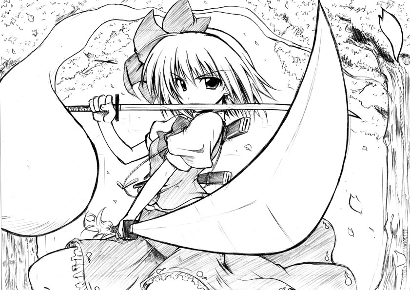 matsugami kurare, konpaku youmu, konpaku youmu (ghost), touhou, 1girl, female focus, ghost, greyscale, hitodama, katana, monochrome, ribbon, short hair, solo, sword, weapon