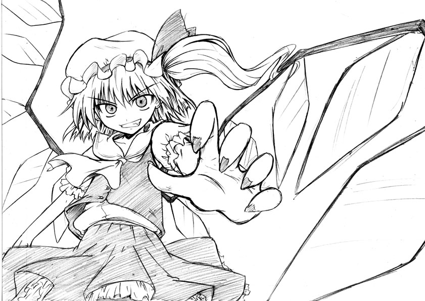 matsugami kurare, flandre scarlet, touhou, 1girl, female focus, fingernails, foreshortening, greyscale, hair between eyes, hat, mob cap, monochrome, ponytail, ribbon, sharp fingernails, side ponytail, skirt, solo, white background, wings