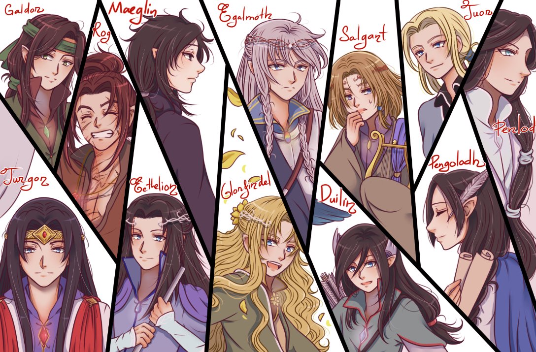 windrelyn, duilin, ecthelion, egalmoth, galdor (gondolin), glorfindel, maeglin, penlod, rog, salgant, tuor, turgon, the silmarillion, tolkien's legendarium, 6+boys, aqua eyes, arrow (projectile), black eyes, black hair, blonde hair, blue eyes, braid, brown eyes, brown hair, character name, circlet, closed eyes, closed mouth, collarbone, crown, elf, facial scar, feathers, floating, floating object, gem, harp, headband, high collar, holding, instrument, jewelry, king, leaf, long hair, looking at viewer, male focus, multiple boys, multiple scars, nervous, open mouth, panels, parted bangs, parted lips, pectorals, pengolodh, pointy ears, profile, scar, scar on cheek, scar on chest, scar on face, scroll, sidelocks, smile, sweat, sweatdrop, teeth, upper body, upper teeth only, wing collar
