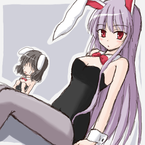 inaba tewi, reisen udongein inaba, touhou, lowres, 2girls, animal ears, black hair, bow, bowtie, breasts, female focus, grey background, leotard, long hair, multiple girls, oekaki, pantyhose, playboy bunny, purple hair, rabbit ears, short hair, sitting, tears, wrist cuffs
