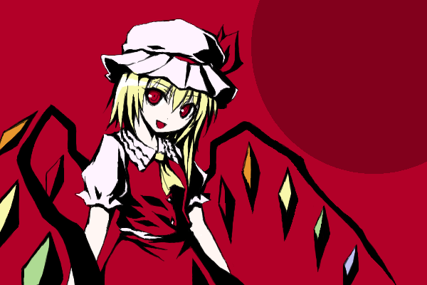 flandre scarlet, touhou, 1girl, blonde hair, cowboy shot, female focus, flat color, hat, head tilt, mob cap, red background, red eyes, ribbon, simple background, smile, solo, standing, wings