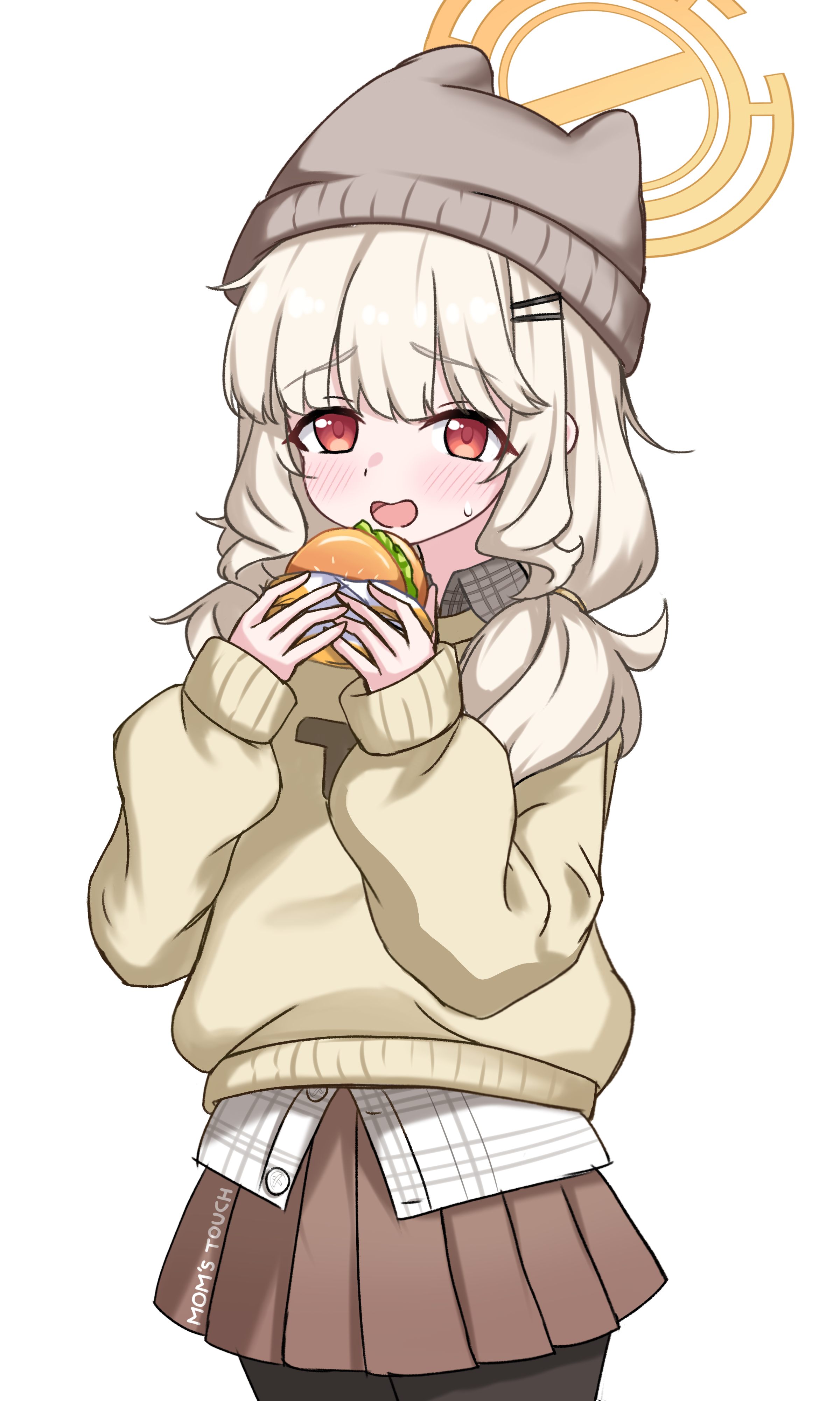 kuma piv, aoba (blue archive), blue archive, fluffy hair, absurdres, commentary request, highres, 1girl, black pantyhose, blonde hair, blush, brown skirt, burger, casual, collared shirt, cowboy shot, food, hair between eyes, halo, hat, holding, holding burger, holding food, long sleeves, looking at viewer, low twintails, medium hair, official alternate costume, orange eyes, pantyhose, plaid clothes, plaid shirt, pleated skirt, shirt, sidelocks, simple background, skirt, solo, standing, sweatdrop, sweater, twintails, white background, white shirt, yellow halo, yellow sweater