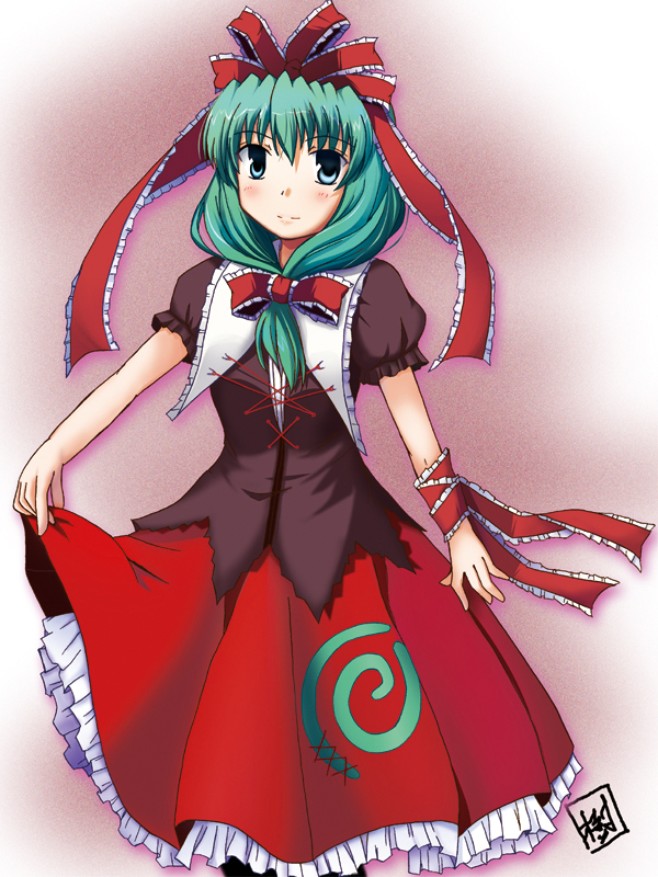 ooki kino, kagiyama hina, touhou, 1girl, bow, female focus, front ponytail, gradient background, green eyes, green hair, ribbon, skirt hold, solo