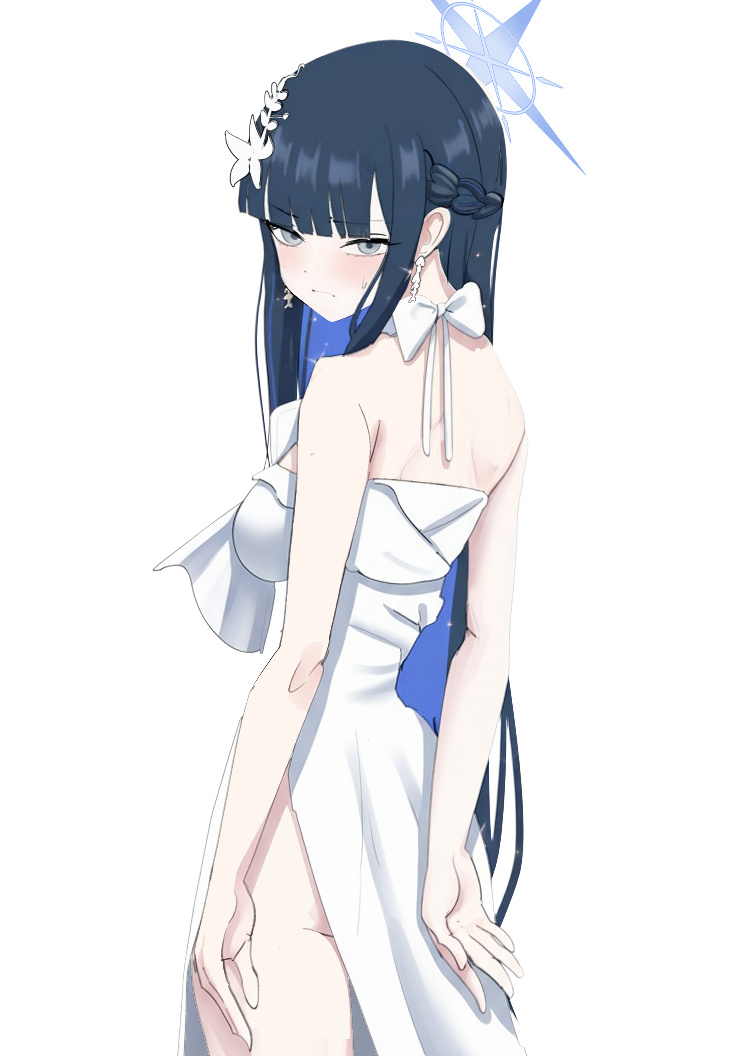 oni- -on, saori (blue archive), saori (dress) (blue archive), blue archive, absurdres, commentary, highres, 1girl, ass, black hair, blue hair, blush, braid, breasts, colored inner hair, dress, half up braid, halo, long hair, looking at viewer, looking back, medium breasts, multicolored hair, official alternate costume, shoulder blades, simple background, solo, strapless, strapless dress, sweatdrop, two-tone hair, very long hair, white background, white dress