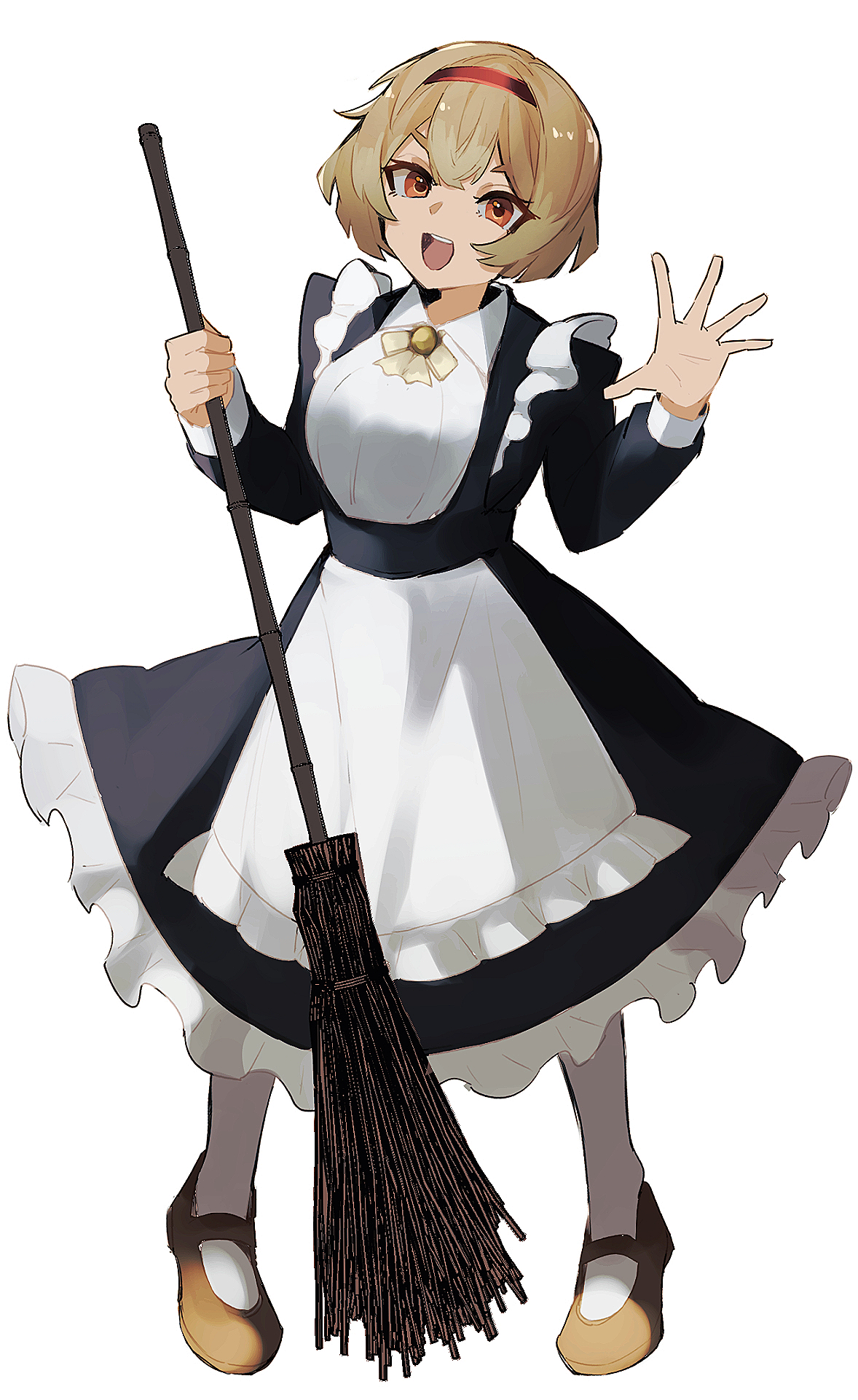 nakame77, malkuth (project moon), lobotomy corporation, project moon, highres, 1girl, alternate costume, apron, black dress, bow, bowtie, breasts, broom, brown eyes, brown hair, brown shoes, dress, enmaided, frilled apron, frills, full body, hairband, holding, holding broom, large breasts, long sleeves, looking at viewer, maid, maid apron, maid headdress, open mouth, pantyhose, red hairband, shoes, short hair, simple background, solo, standing, white apron, white background, white pantyhose, yellow bow, yellow bowtie
