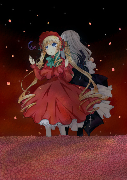 furui suguri, shinku, suigintou, rozen maiden, silver hair, 00s, blonde hair, blue eyes, bonnet, long hair, petals, twintails