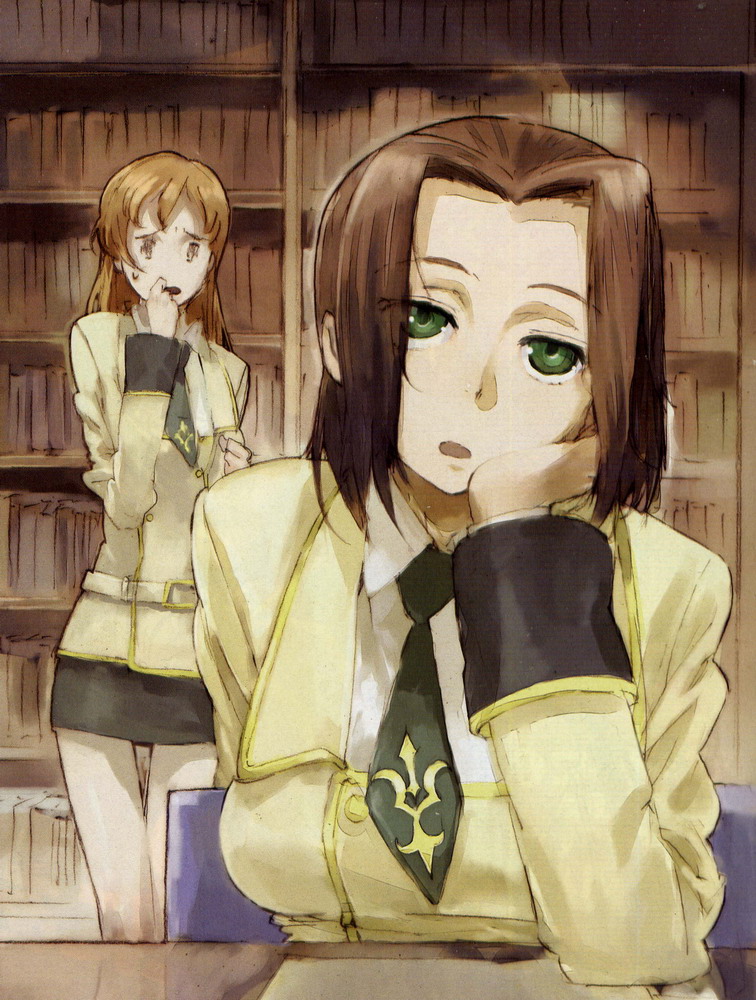 humi, toi8, kouzuki kallen, shirley fenette, code geass, 00s, green eyes, long hair, red hair, school uniform, serafuku, short hair