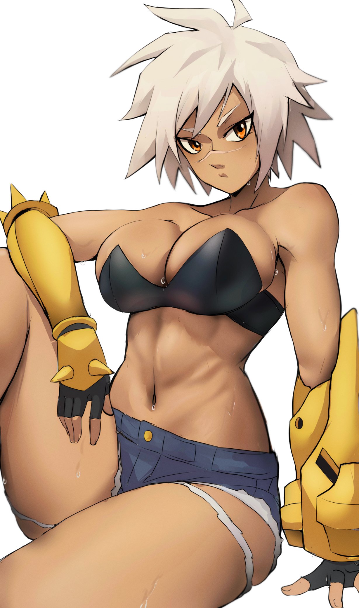 funi xd, bullet (blazblue), blazblue, commentary, english commentary, highres, 1girl, bare shoulders, black gloves, blue shorts, breasts, brown eyes, center opening, cleavage, closed mouth, dark-skinned female, dark skin, elbow rest, fingerless gloves, gloves, large breasts, looking at viewer, navel, scar, scar on face, scar on nose, short hair, short shorts, shorts, simple background, solo, sweat, torn clothes, torn shorts, white hair