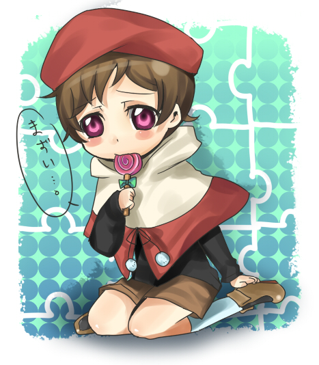 rolo lamperouge, code geass, translation request, 00s, 1boy, aged down, beret, candy, child, food, hat, lollipop, male focus, short hair, solo, swirl lollipop