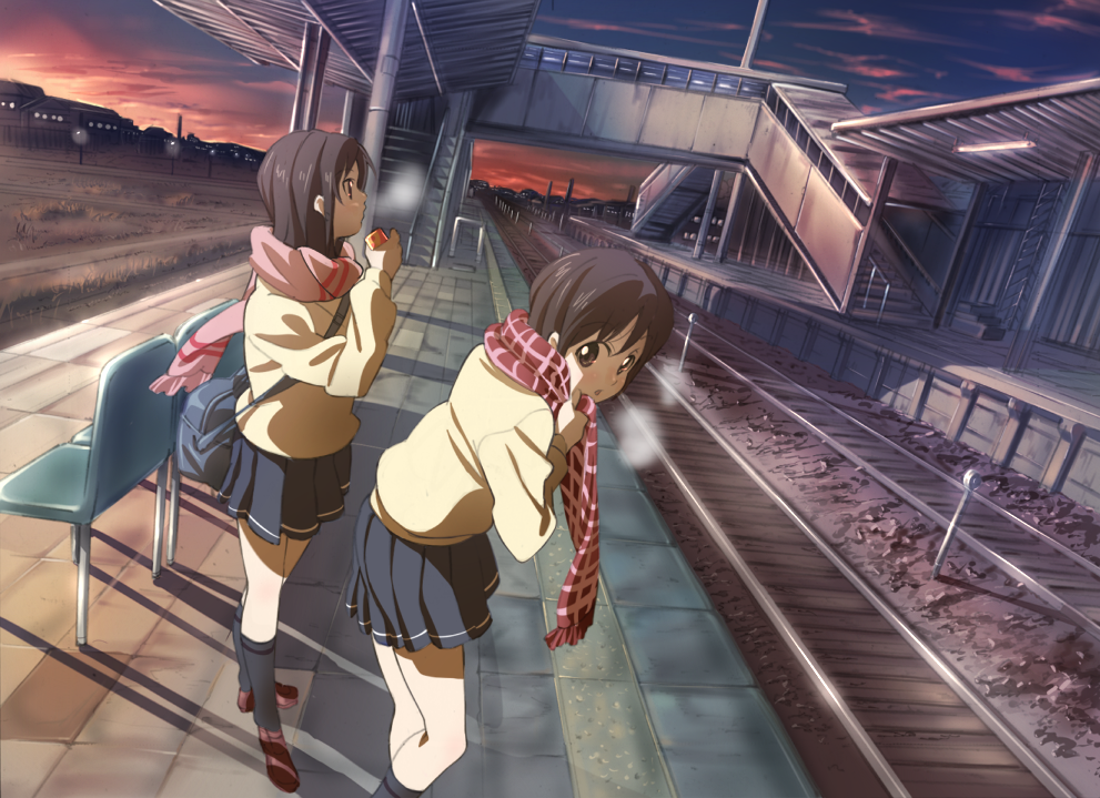 p.k., bad id, bad pixiv id, breath, brown eyes, brown hair, cold, long hair, night, railroad tracks, rails, scarf, school uniform, serafuku, short hair, train station