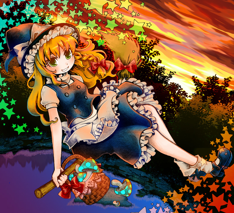 moonyan, kirisame marisa, touhou, bad id, bad pixiv id, 1girl, blonde hair, braid, broom, broom riding, female focus, flying, full body, hat, mushroom, nature, outdoors, plant, ribbon, skirt, sky, solo, star (symbol), witch, witch hat