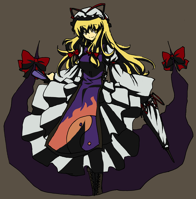 sayuma, yakumo yukari, touhou, bad id, bad pixiv id, 1girl, blonde hair, breasts, dress, female focus, gap (touhou), hat, long hair, oekaki, ribbon, simple background, solo