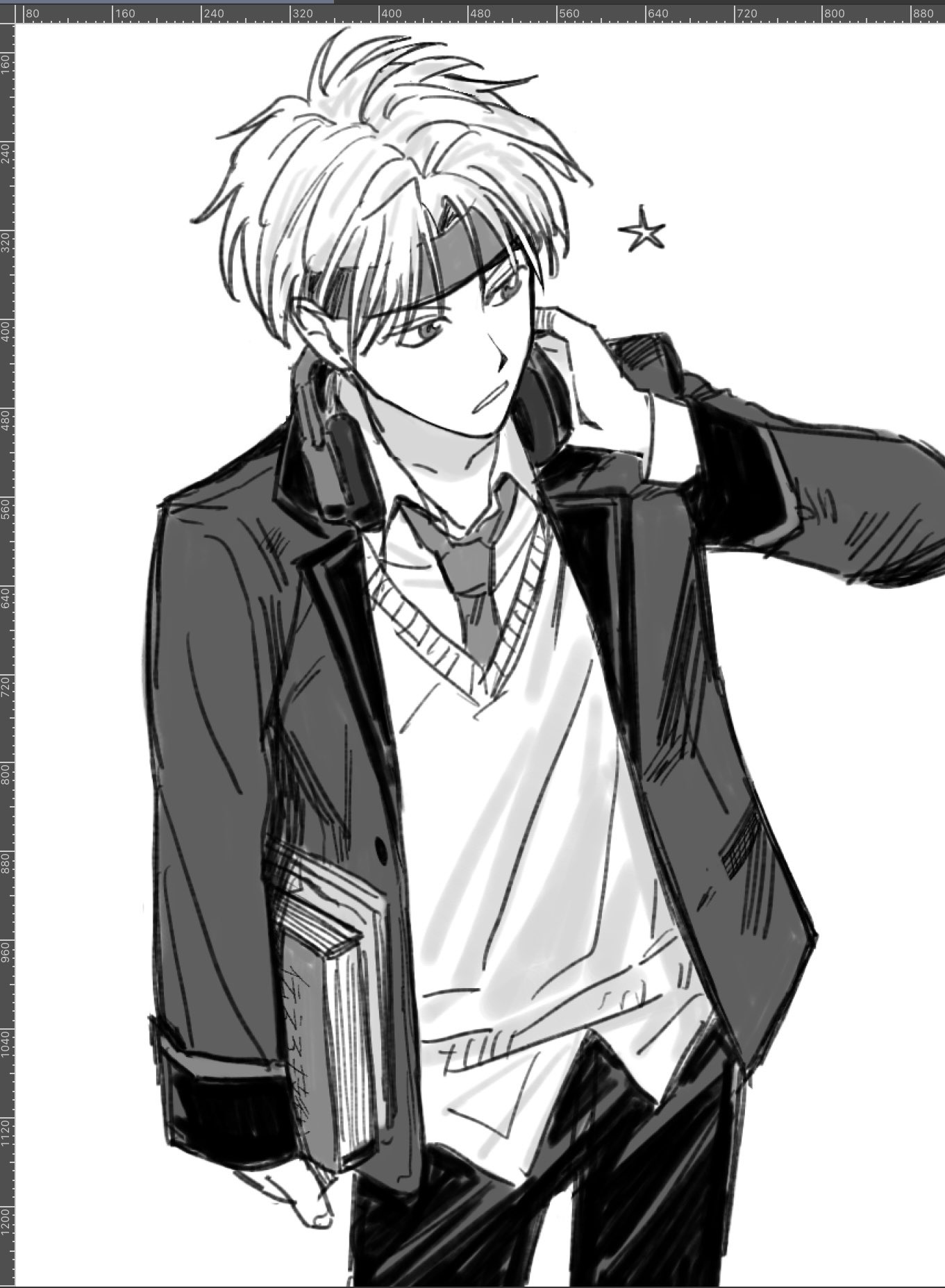 schezo wegey, puyopuyo, puyopuyo quest, highres, 1boy, art program in frame, book, collared shirt, cowboy shot, greyscale, hand on headphones, headband, headphones, headphones around neck, holding, holding book, jacket, lapels, long sleeves, looking ahead, male focus, mm1599699480328, monochrome, necktie, notched lapels, open clothes, open jacket, pants, school uniform, shirt, short hair, simple background, solo, star (symbol), wing collar