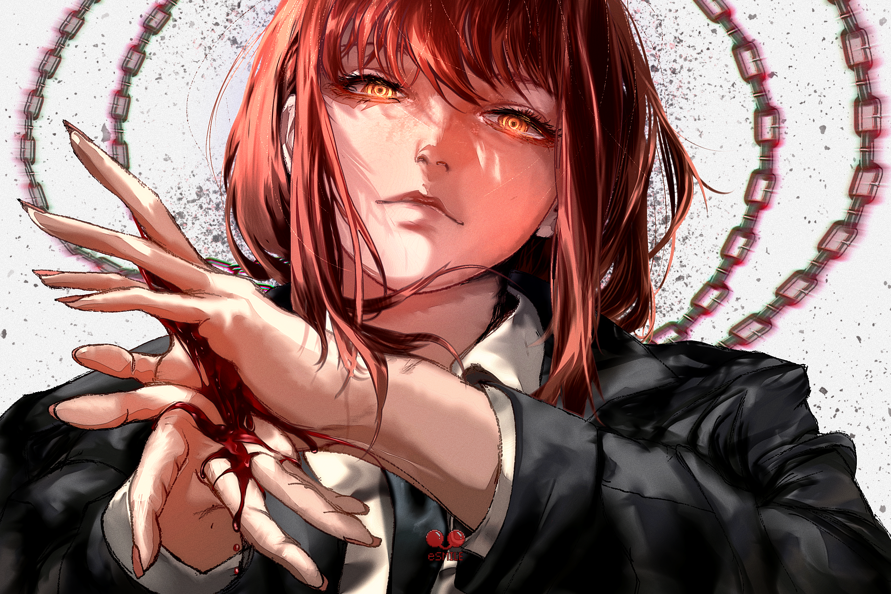 esmile, makima (chainsaw man), chainsaw man, commission, highres, 1girl, artist name, black coat, black necktie, blood, chain, closed mouth, coat, collared shirt, looking at viewer, necktie, ringed eyes, shirt, solo, white shirt, yellow eyes