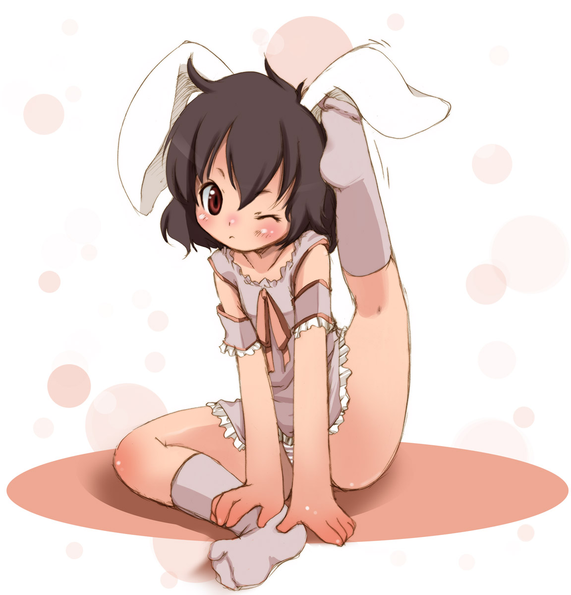 fujisaki hikari, inaba tewi, touhou, highres, 1girl, animal ears, black hair, blush, detached sleeves, feet, female focus, flexible, kneepits, leg lift, one eye closed, panties, petite, rabbit ears, red eyes, ribbon, scratching, short hair, sitting, socks, solo, striped clothes, striped panties, underwear, wink