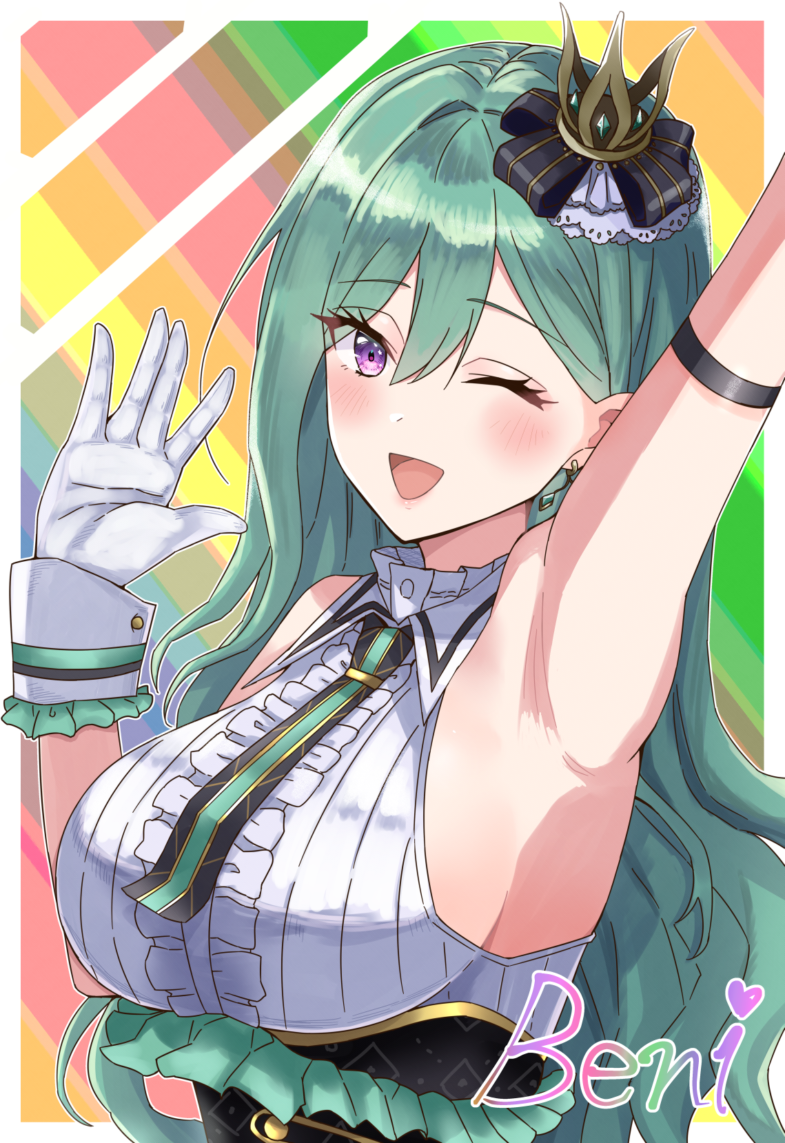 keikesu, yakumo beni, vspo!, highres, 1girl, arm strap, armpits, breasts, character name, gloves, green hair, hand up, long hair, looking at viewer, one eye closed, open mouth, purple eyes, smile, solo, upper body, white gloves