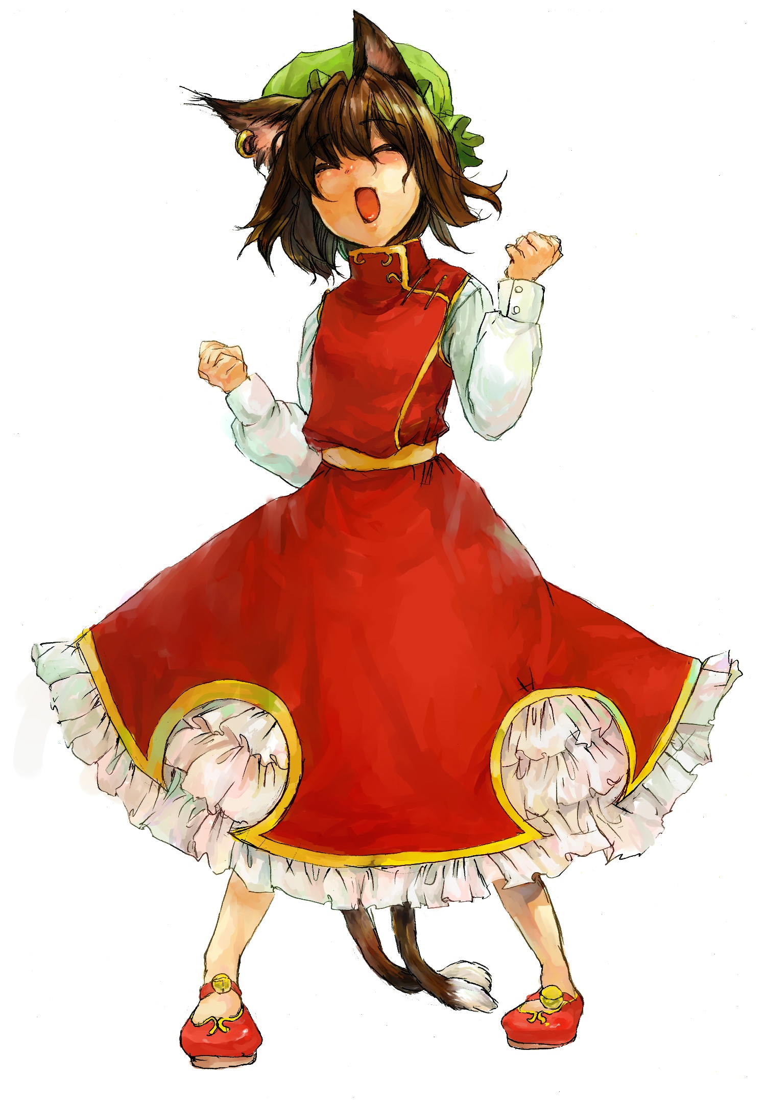 minorunrun, chen, touhou, bad id, bad pixiv id, highres, 1girl, animal ears, brown hair, cat ears, cat girl, cat tail, closed eyes, earrings, female focus, full body, hat, jewelry, multiple tails, short hair, simple background, solo, tail