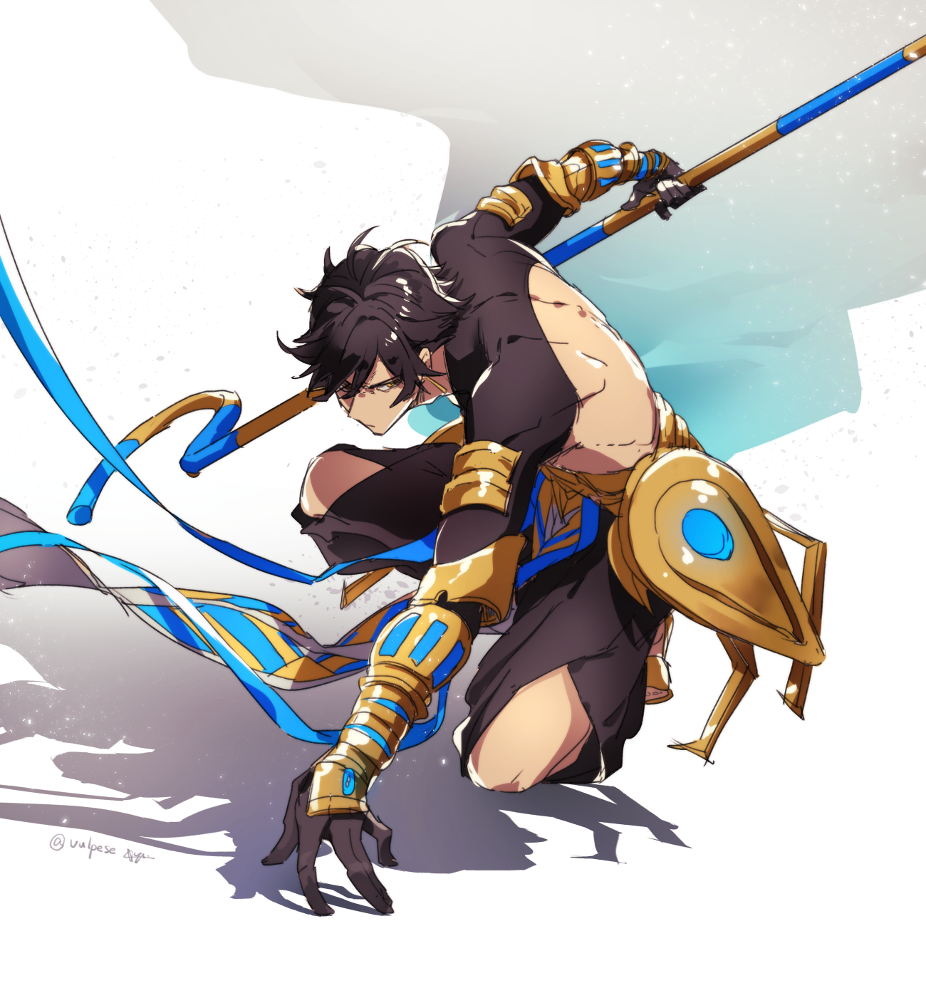 kuyuu (somari), ozymandias (fate), fate/grand order, fate (series), highres, 1boy, artist name, black hair, clothing cutout, full body, knee cutout, long sleeves, loose pants, medium hair, ozymandias (second ascension) (fate), sash, serious, shadow, skin tight, solo, vambraces, waist sash, yellow eyes