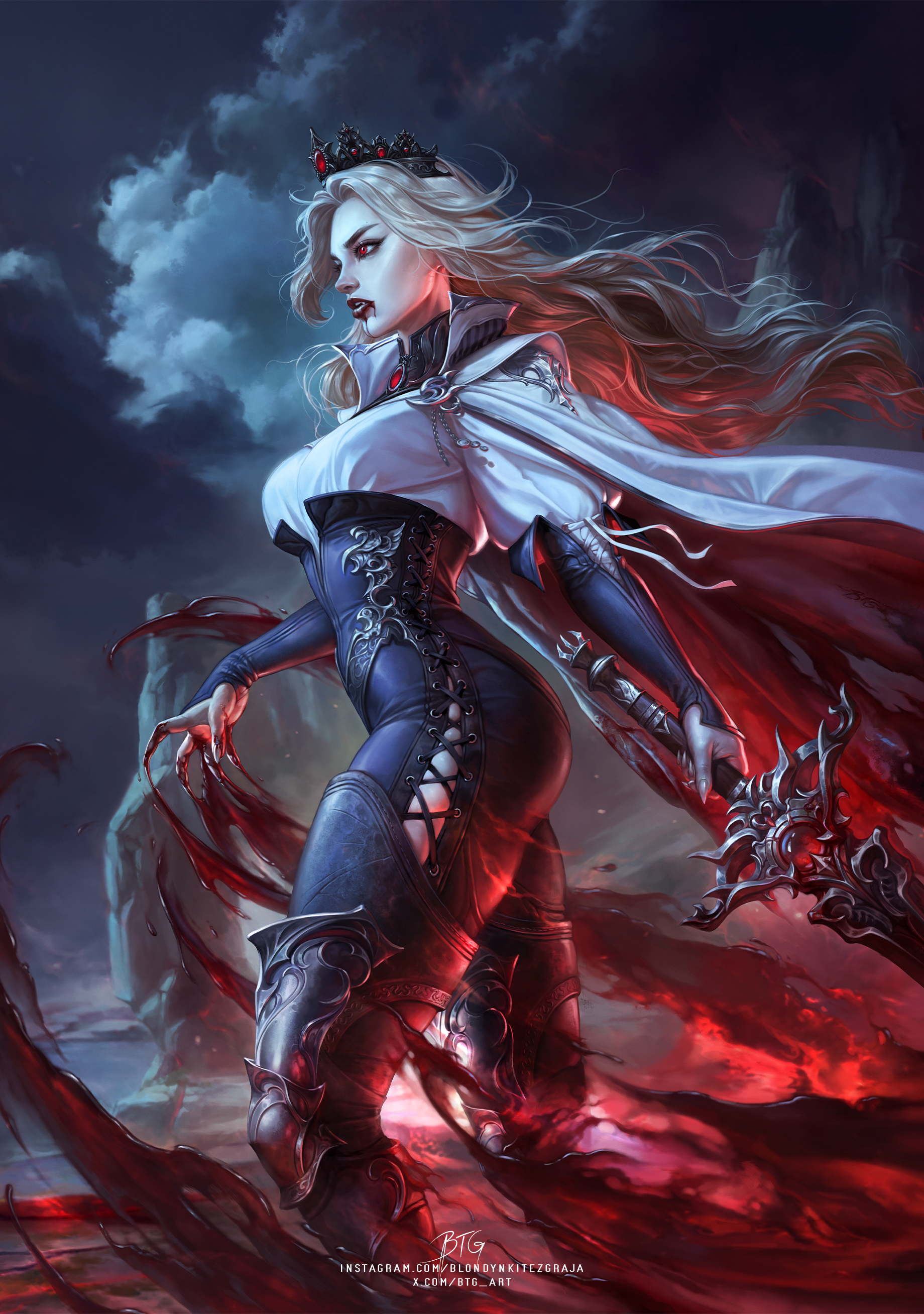 blondynkitezgraja, original, absurdres, commentary, english commentary, highres, 1girl, black pants, blood, blood in mouth, breasts, cape, cloud, cloudy sky, colored inner hair, cross-laced pants, crown, cuisses, fang, feet out of frame, fingernails, floating hair, from side, gem, grey hair, high-waist pants, holding, holding sword, holding weapon, instagram username, leather, leather pants, long hair, looking ahead, medium breasts, multicolored hair, night, outdoors, pants, poleyn, profile, red eyes, red gemstone, red hair, sharp fingernails, shirt, sky, solo, standing, sword, twitter username, two-tone hair, vampire, very long fingernails, watermark, weapon, web address, white cape, white shirt