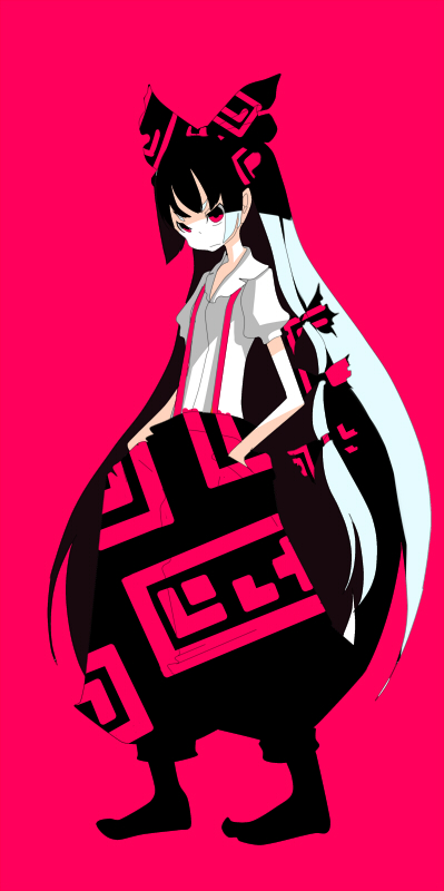 suzuki ritsu, fujiwara no mokou, touhou, 1girl, annoyed, female focus, hair ribbon, hands in pockets, long hair, monochrome, multi-tied hair, pink theme, red background, red eyes, ribbon, shirt, solo, suspenders, very long hair, white hair, white shirt