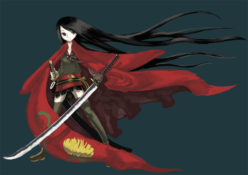 suzuki ritsu, original, black hair, cape, japanese clothes, long hair, solo, sword, thighhighs, weapon