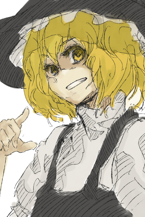 suzuki ritsu, kirisame marisa, touhou, 1girl, black hat, blonde hair, colored eyelashes, female focus, hat, simple background, sketch, solo, thick eyelashes, upper body, white background, yellow eyes