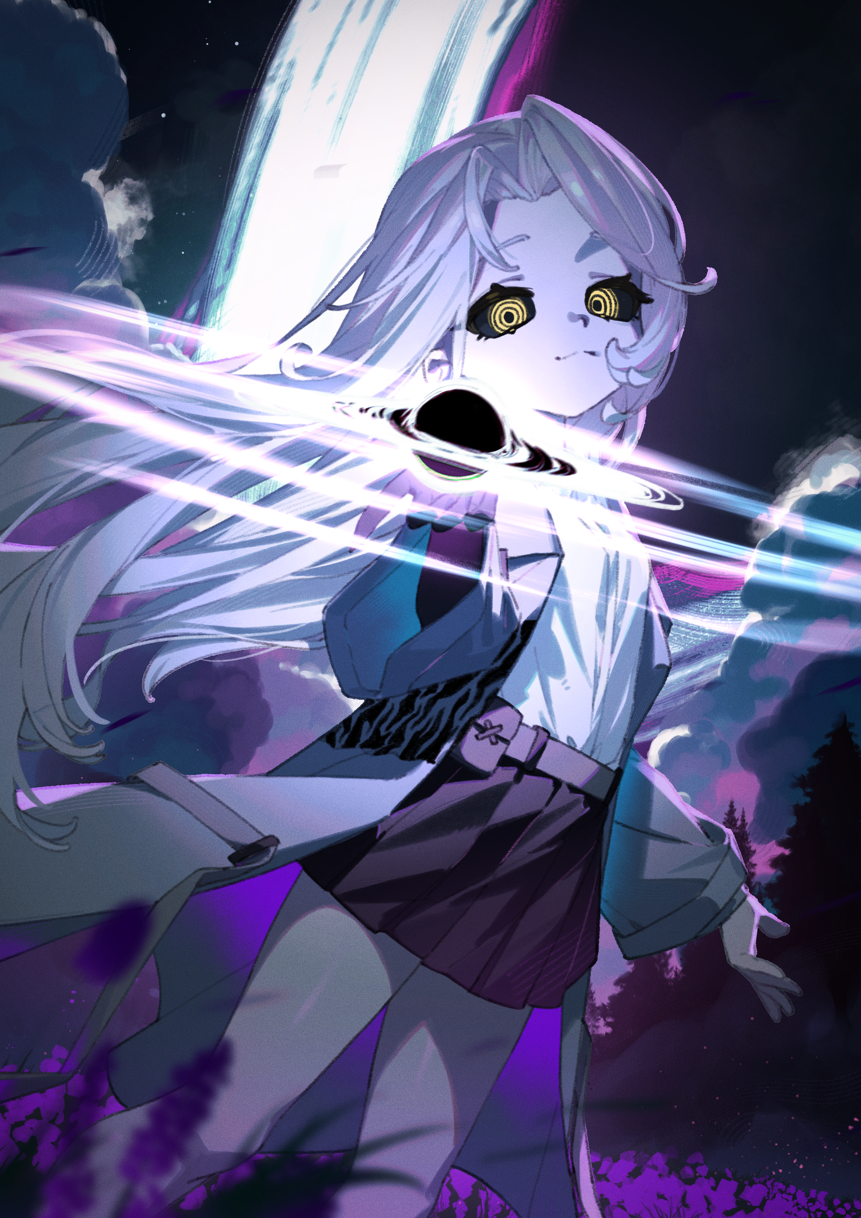 mosou keito, original, absurdres, commentary request, highres, 1girl, belt, belt pouch, black hole, black sclera, blurry, blurry foreground, closed mouth, cloud, coat, colored sclera, cowboy shot, floating hair, grass, grey hair, hand up, long hair, night, open clothes, open coat, pleated skirt, pouch, ringed eyes, shirt, skirt, standing, star (sky), very long hair, white shirt, yellow eyes