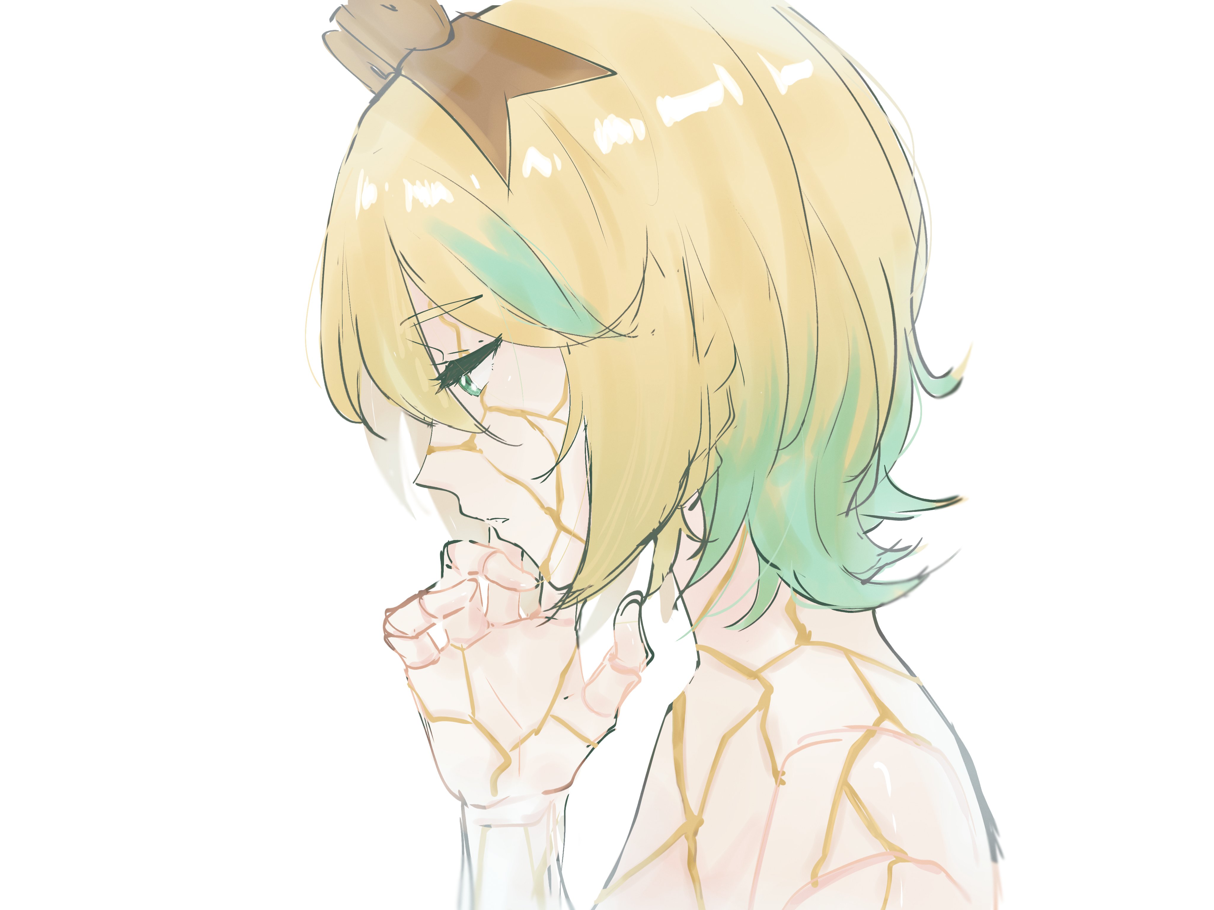 cecilia immergreen, hololive, hololive english, absurdres, highres, 1girl, blonde hair, braid, doll joints, from side, gradient hair, green eyes, green hair, joints, marii (mmmmmarii ), multicolored hair, simple background, solo, virtual youtuber, white background, winding key